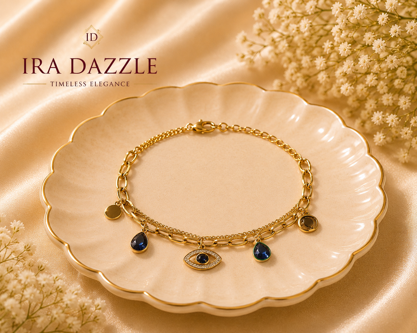 Sapphire Evil Eye Charm Double Layered Bracelet