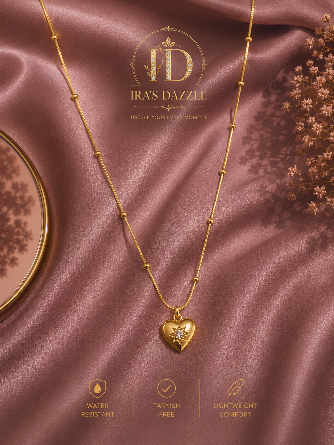 "Celeste Heart Gold Necklace — A timeless symbol of love, crafted to add a delicate sparkle to every moment." ✨